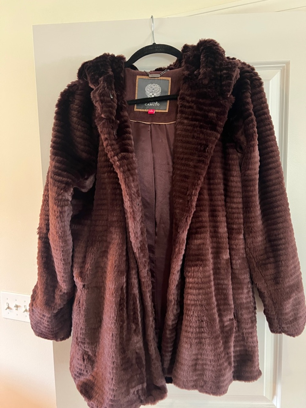 Vince Camuto Plush Faux Fur Hooded Coat - Dark Brown